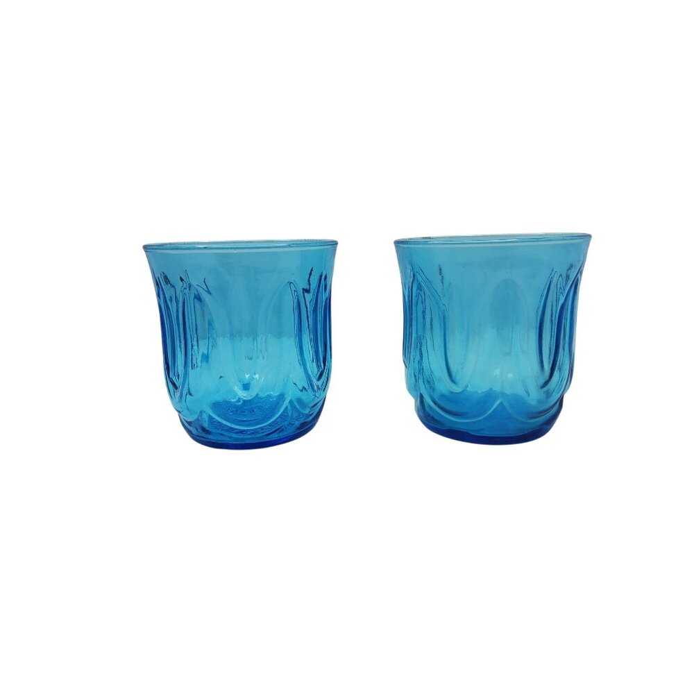Vintage Anchor Hocking Colonial Tulip Blue Glass Tumblers Set Of 2